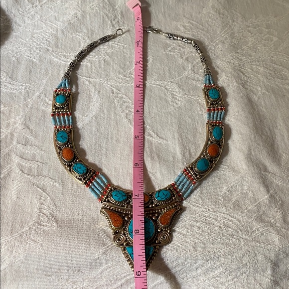 Turquoise & Red Bezel Set Statement Necklace and Earrings 925 Bali India Turkey - Picture 7 of 9